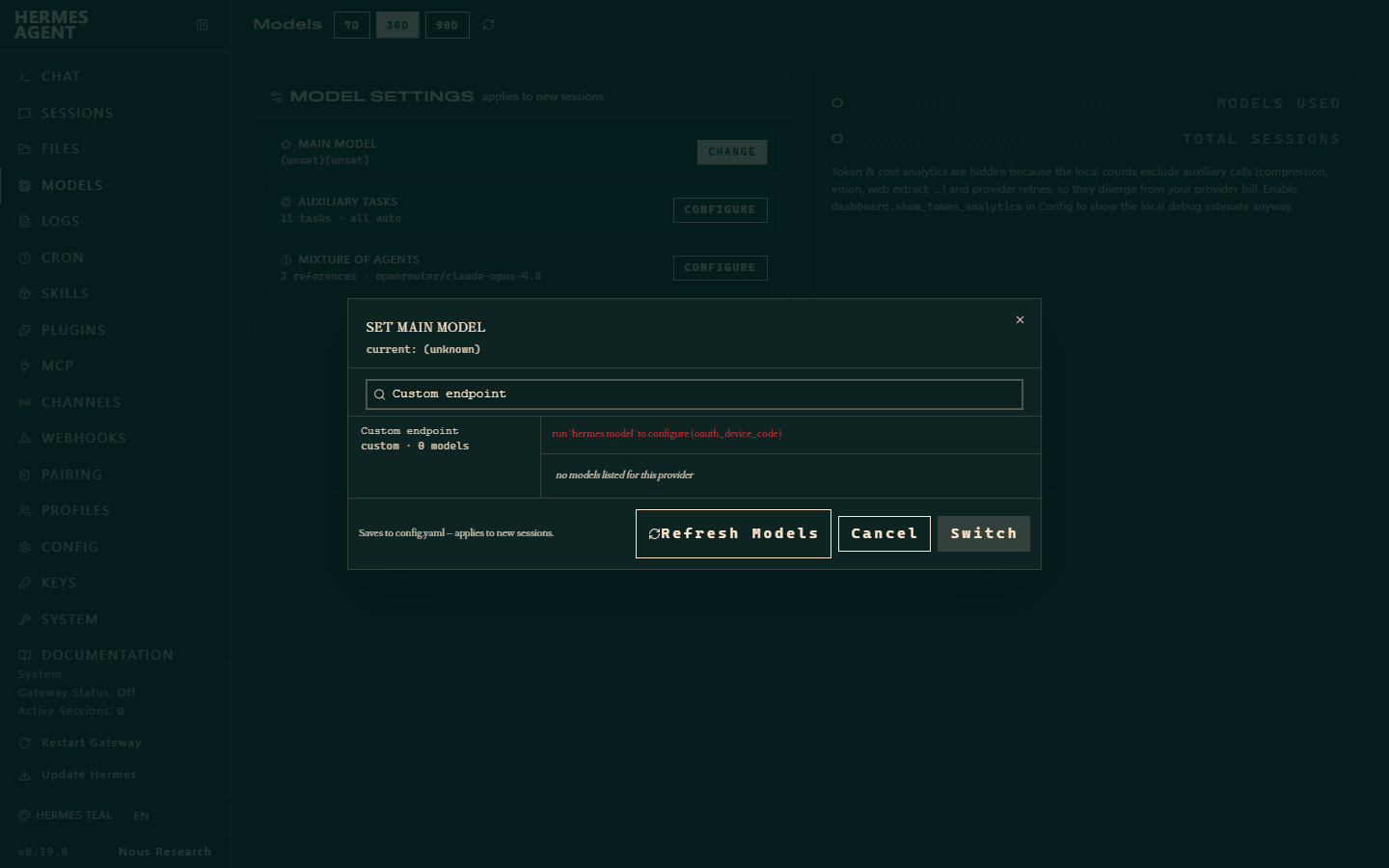 Hermes Agent Dashboard 的 Set Main Model 弹窗,已筛选 Custom endpoint