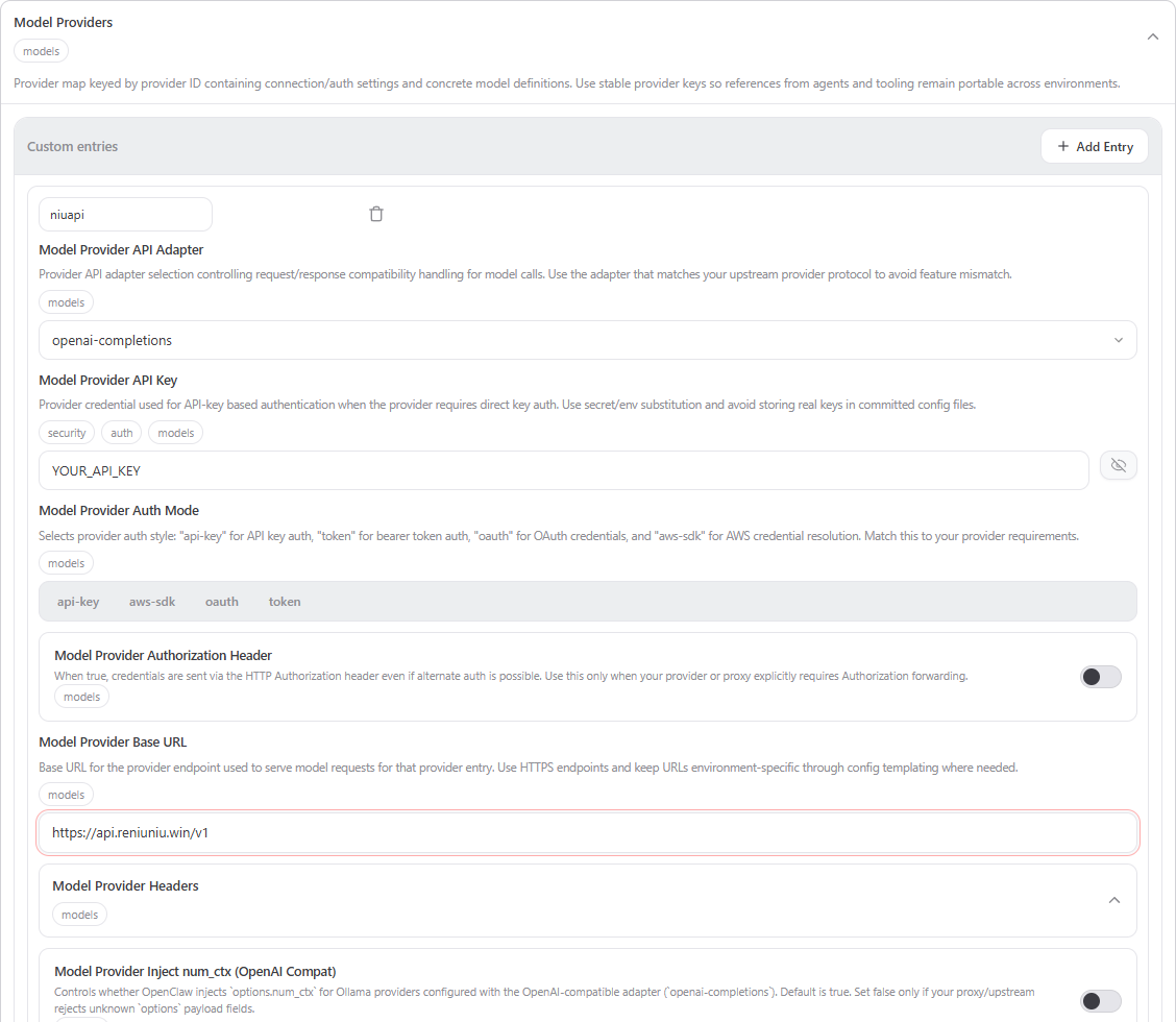 OpenClaw Control UI 的 Model Providers 表单,Provider ID 为 niuapi,适配器为 openai-completions,Base URL 为牛API地址